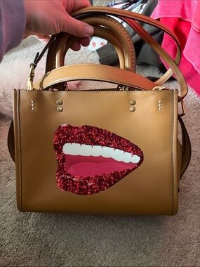 Coach Tan Leather Satchel with Red Sequin Mouth Applique